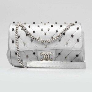 Chanel Silver Chevron Quilted Leather Studded Rectangular Mini Flap Bag